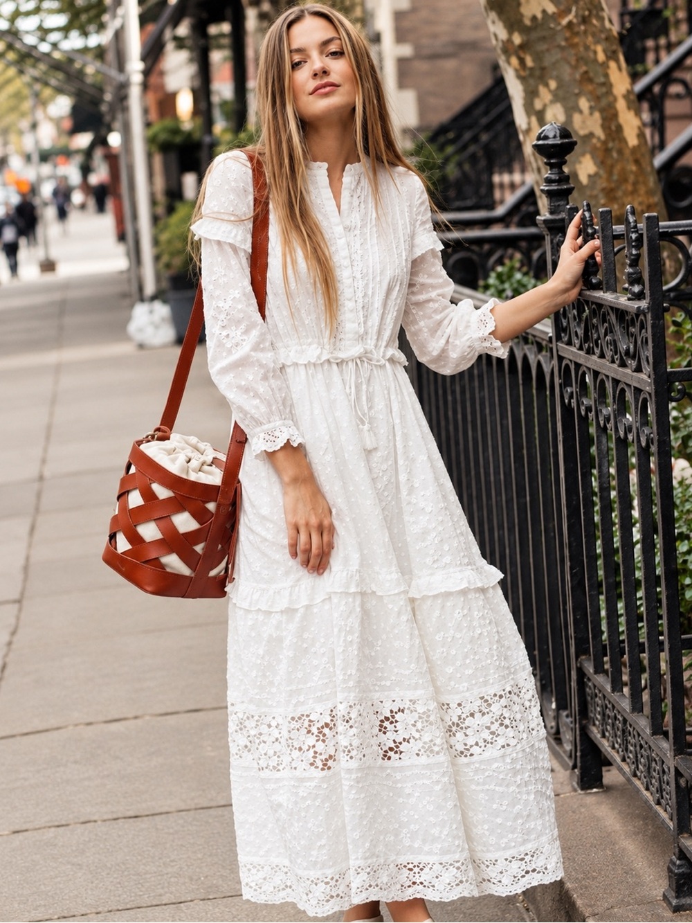 French Connection Coletta White Cotton Lace Tiered Maxi‎ Dress Size 0
